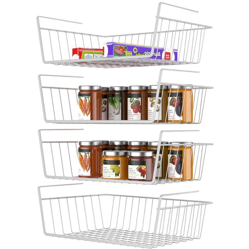 Veckle Under Shelf Basket, 4 Pack Stackable Under Cabinet Storage Space Saving Hanging Basket Easy to Install Pantry Organizer for Kitchen Bookshelf